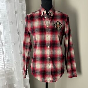 Polo Ralph Lauren Red and Gray Plaid  Button Up Shirt With Logo Crest Size Small